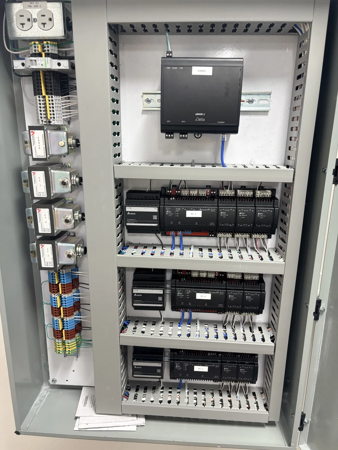 The building automation panel — DIN-rail controllers and field wiring.